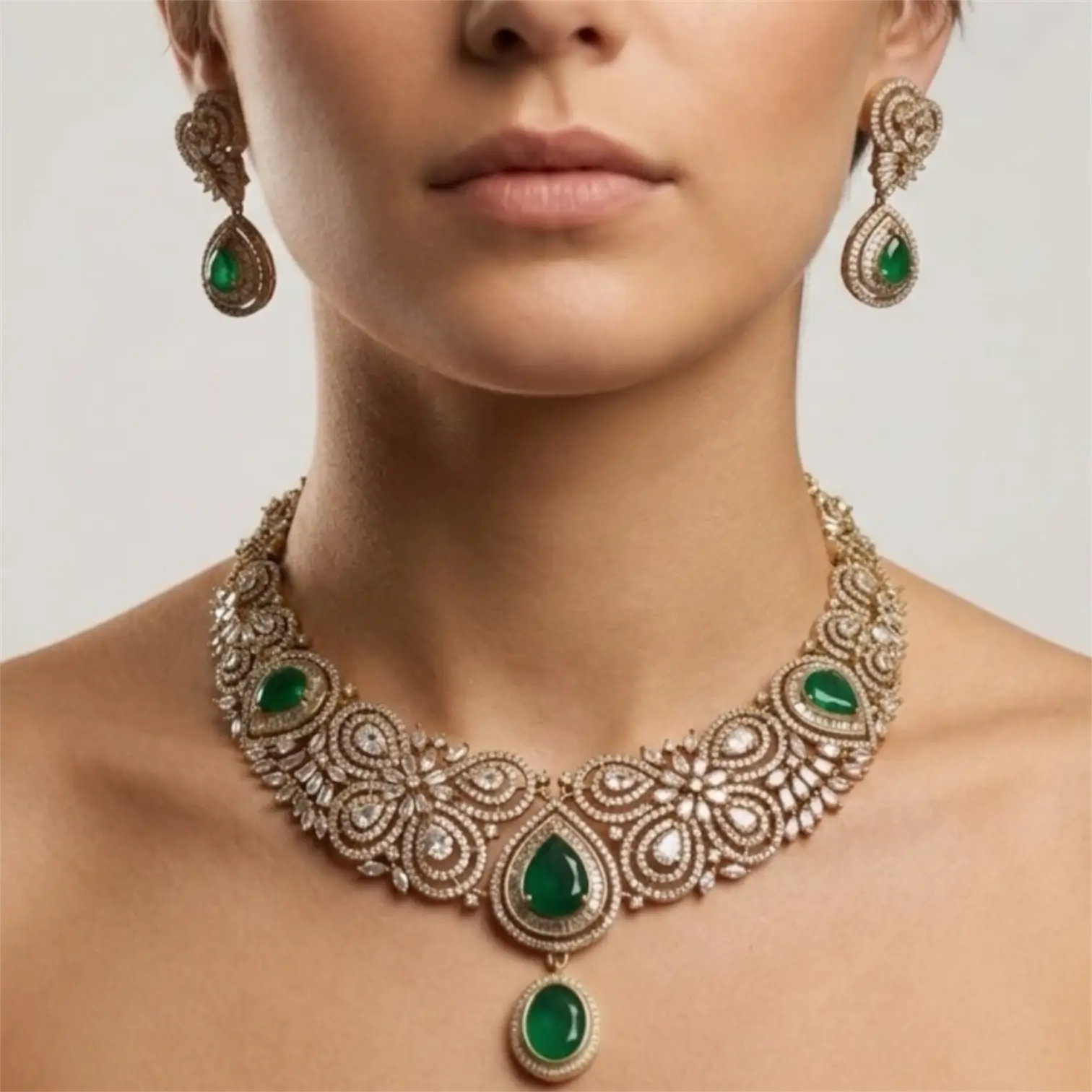 Zarika Emerald Antique Necklace Set with Earrings