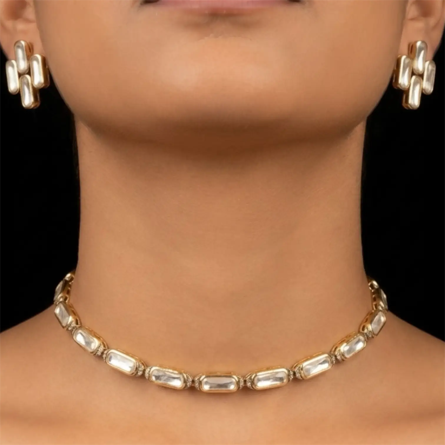 Kiran Mosonite Delicate Gold Choker Necklace Set with Earrings – Minimal Elegant Statement Jewelry