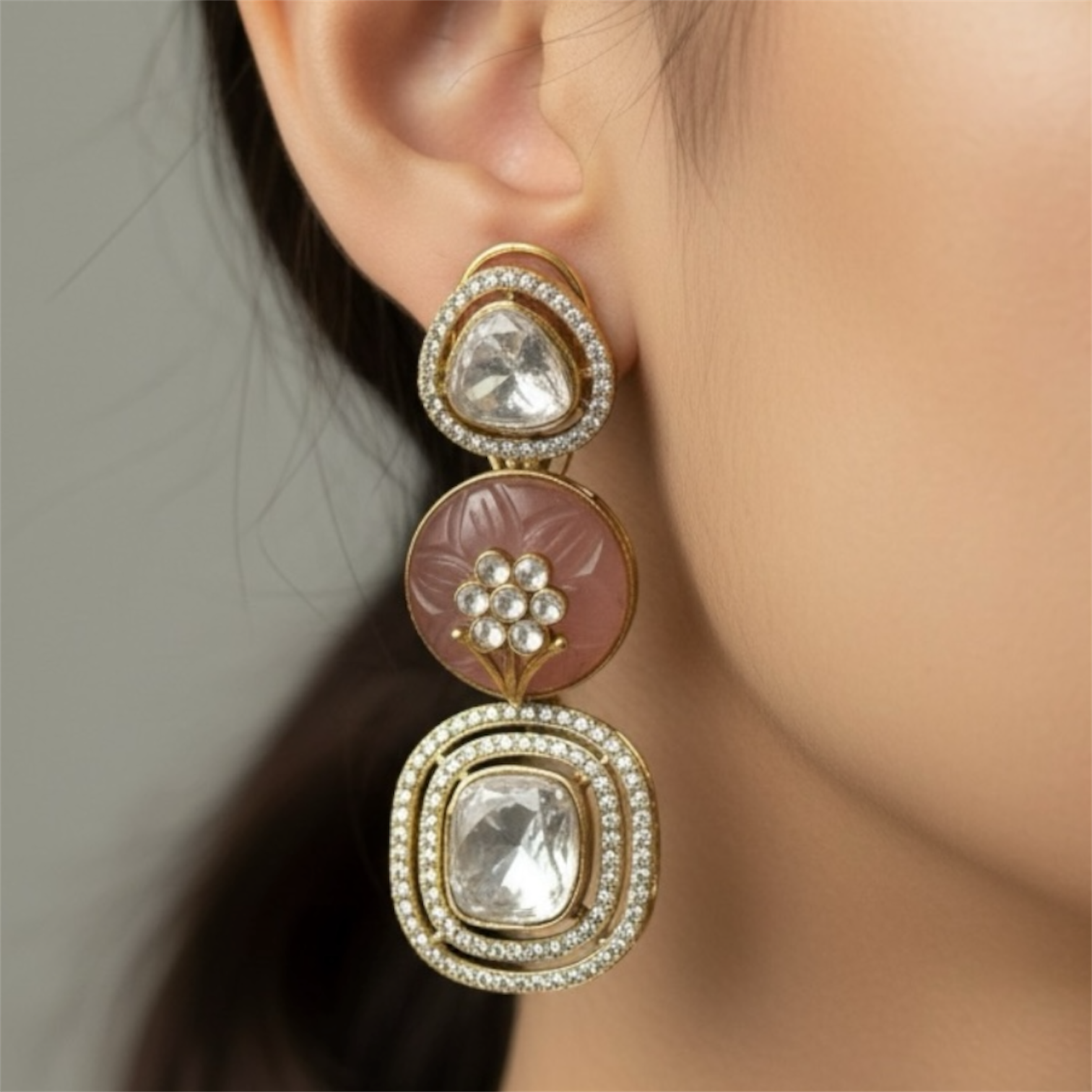 Antique Pink Kundan Earrings