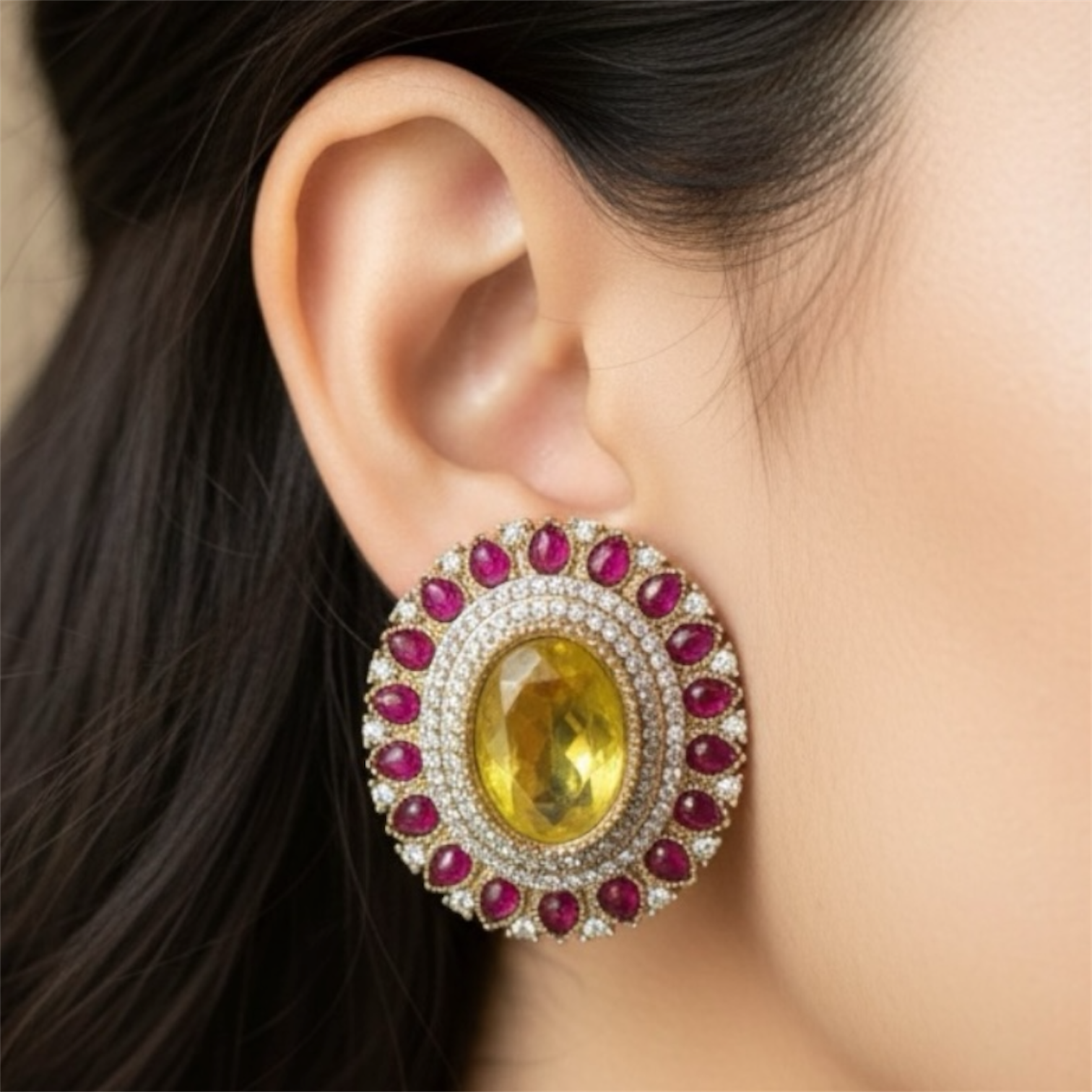Mira Topaz Doublet Ruby Statement Stud Earrings – Gold Finish