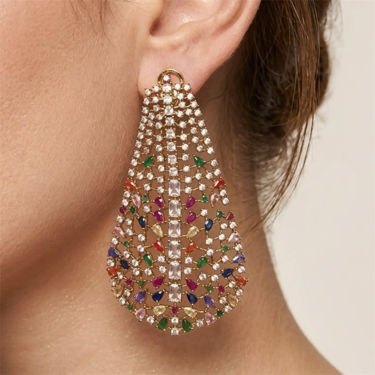 Liora Statement Earrings – Multicolored CZ Lattice Long Drop Earrings
