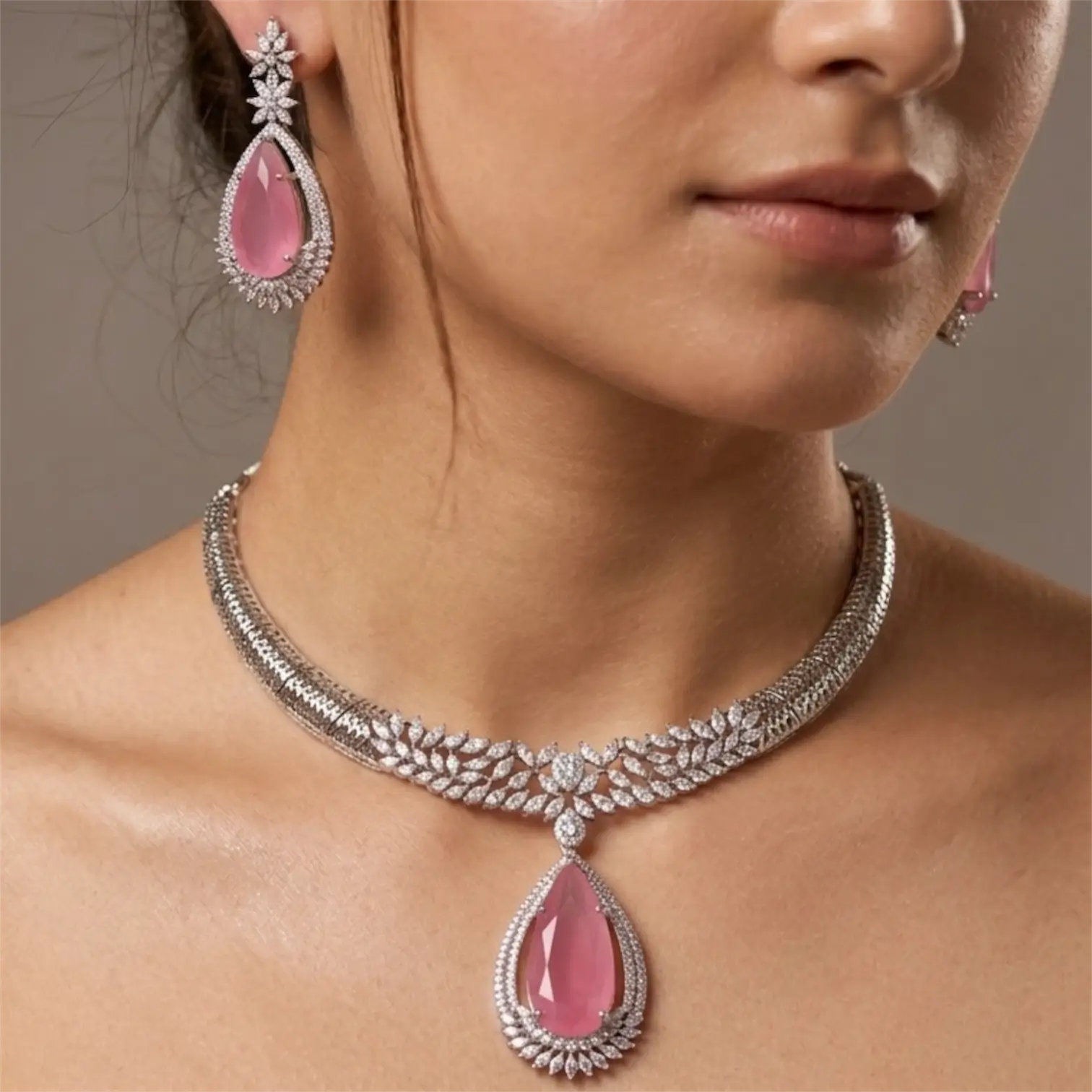 Ivana Pink Silver Necklace Set with Earrings