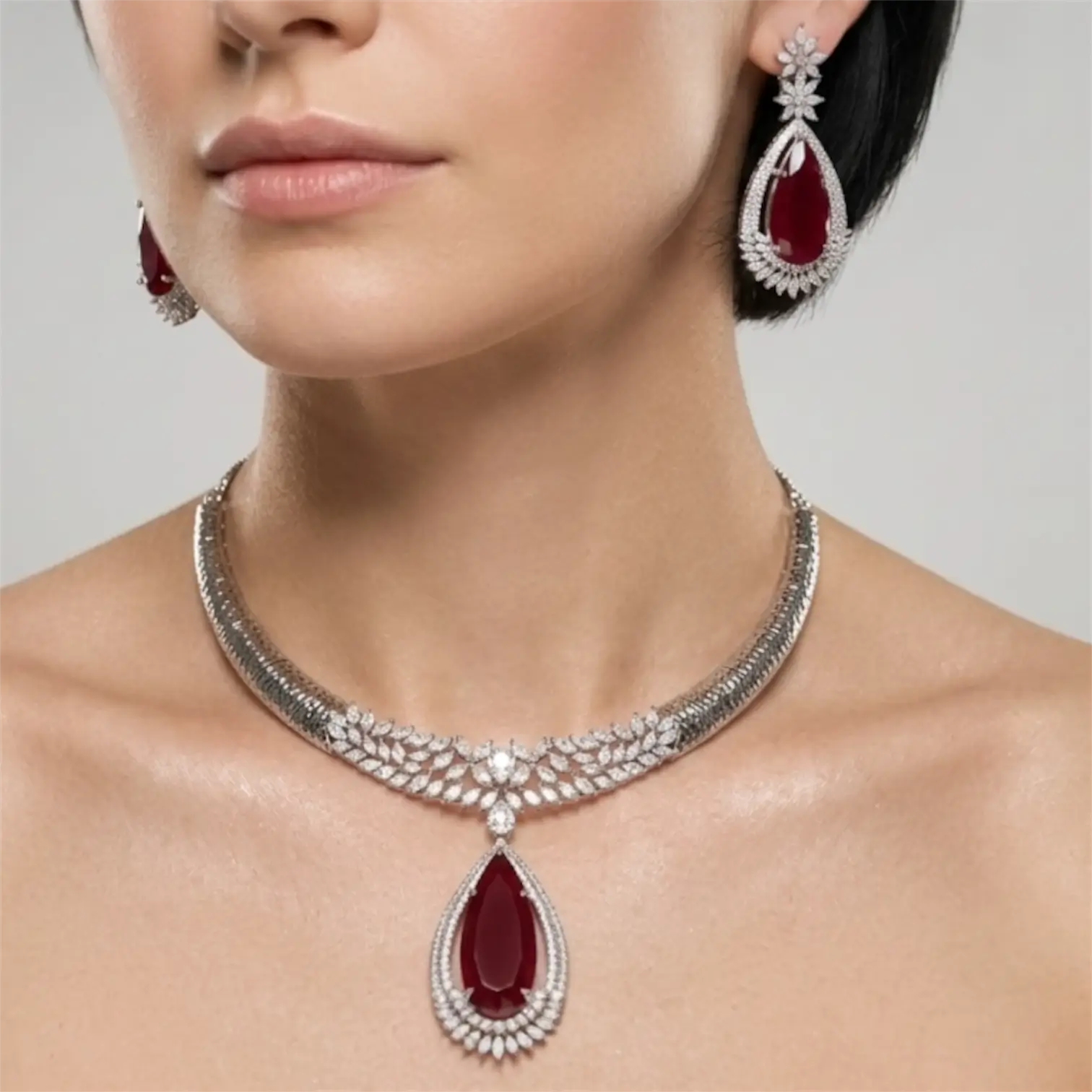 Ivana Dark Ruby Silver Necklace Set with Earrings