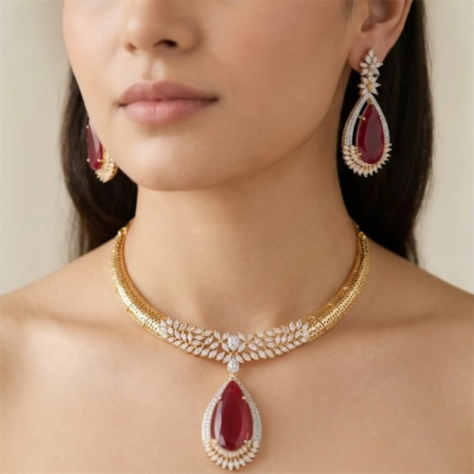 Ivana Dark Ruby Gold Necklace Set with Earrings