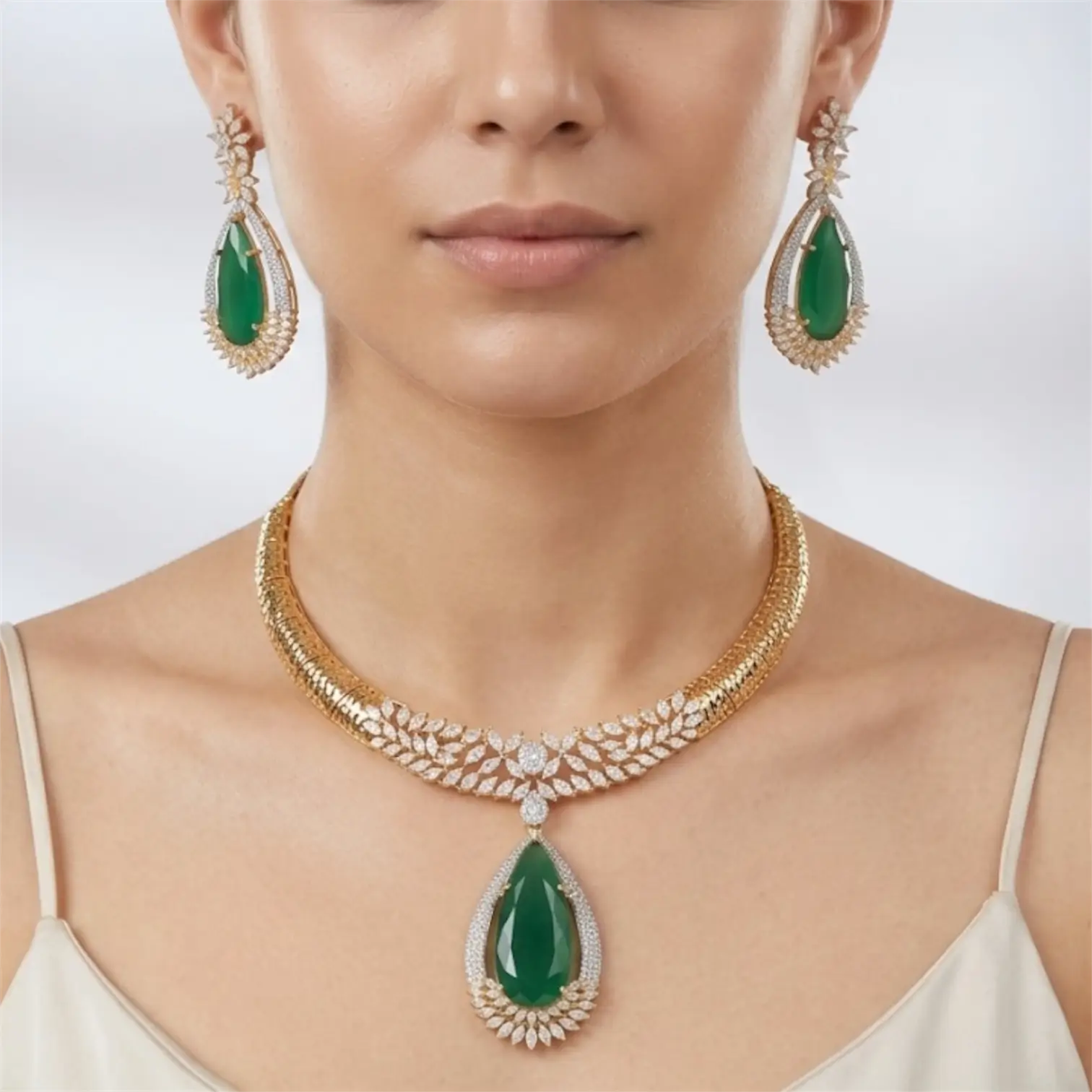 Ivana Emerald Gold Necklace Set with Earrings
