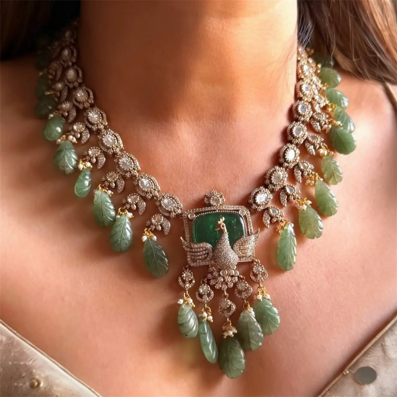 Peacock Mint Doublet Mosonite Necklace Set – Carved Stone