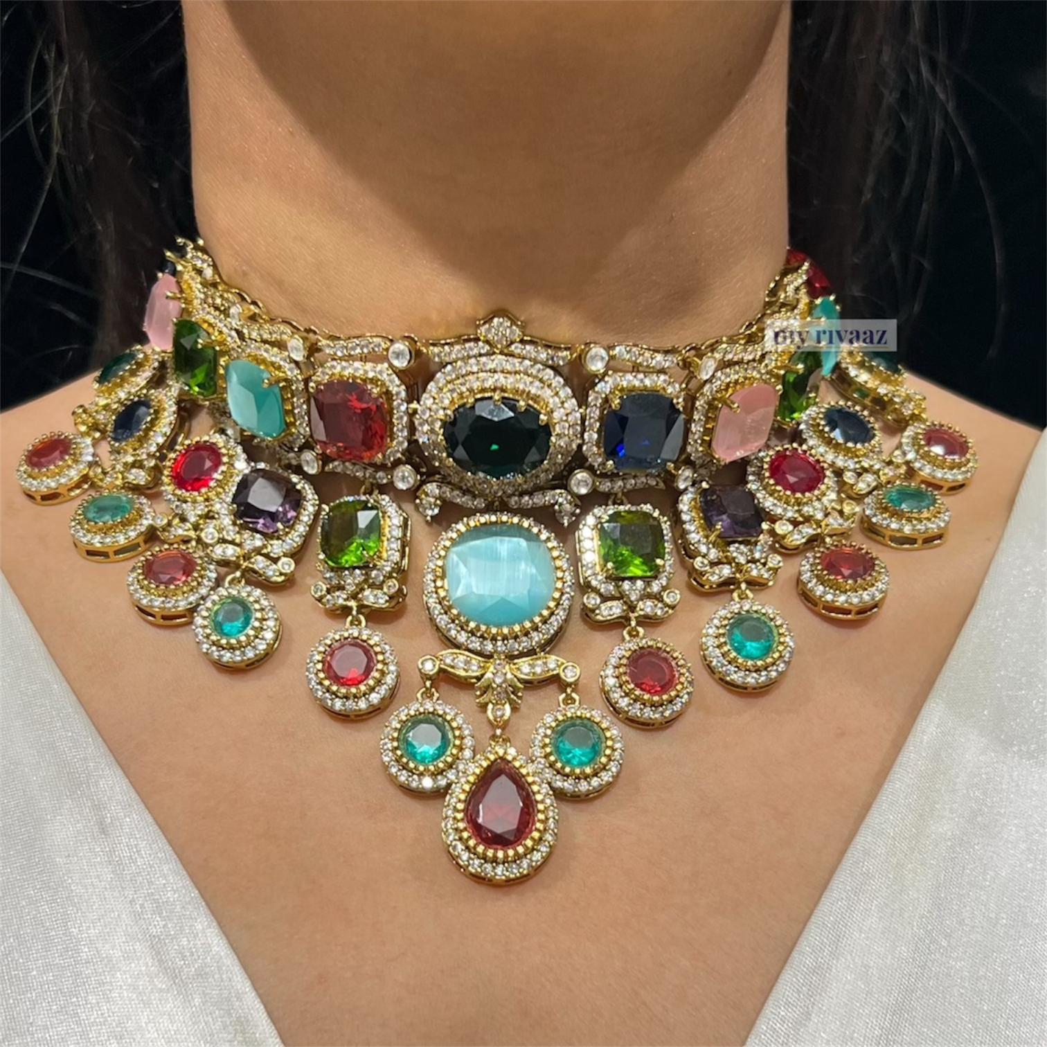 Sabhyata Royal Cabochon Choker Set – Multicolor Statement Necklace with Earrings