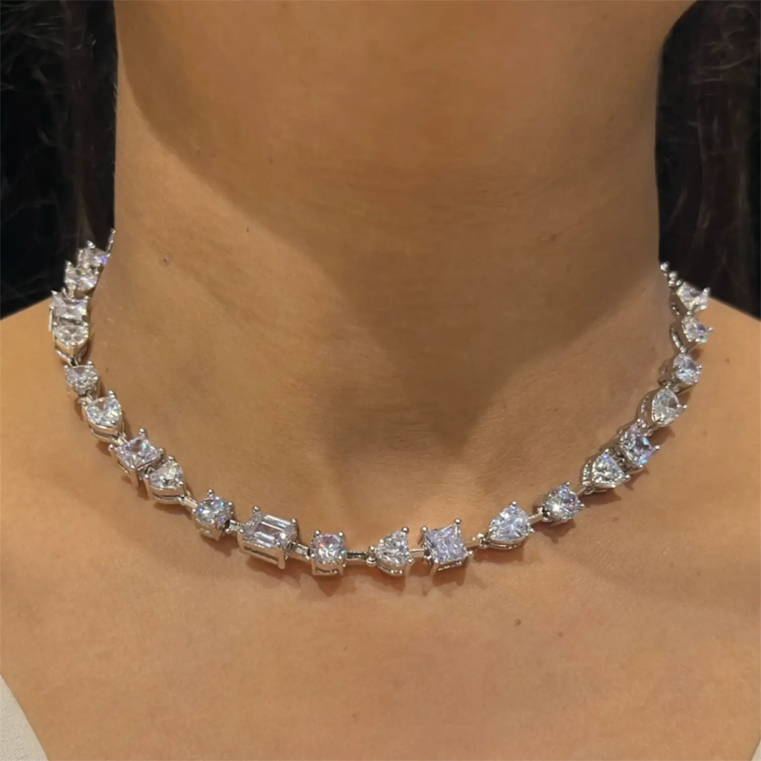 Aria Diamond Tennis Necklace Set – Mixed Cut CZ Necklace with Drop Earrings
