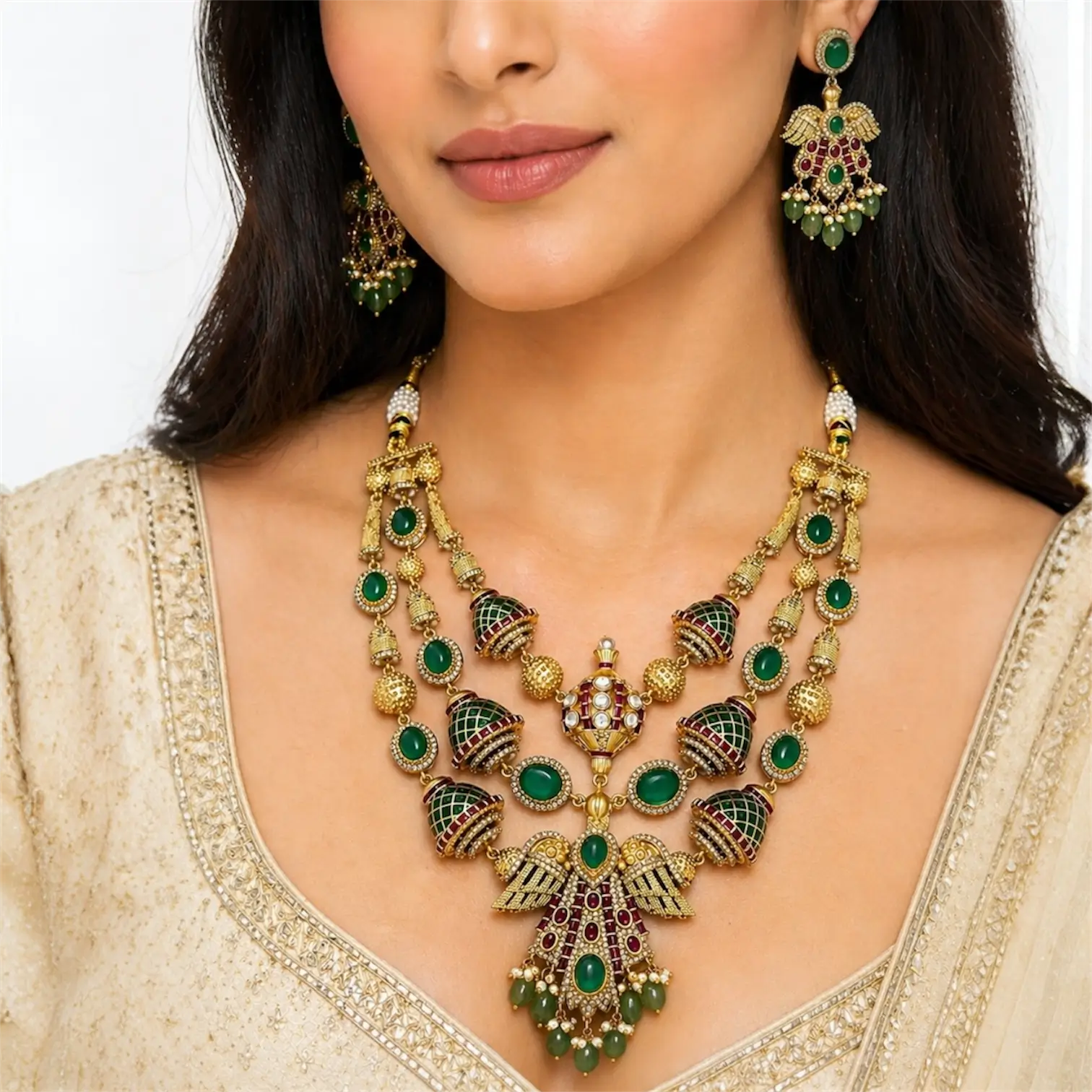 Kavya Long Emerald Necklace Set