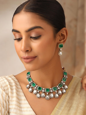Rajvi Kundan Royale Choker Necklace Set with Green and White Stones – Bridal Jewelry"
