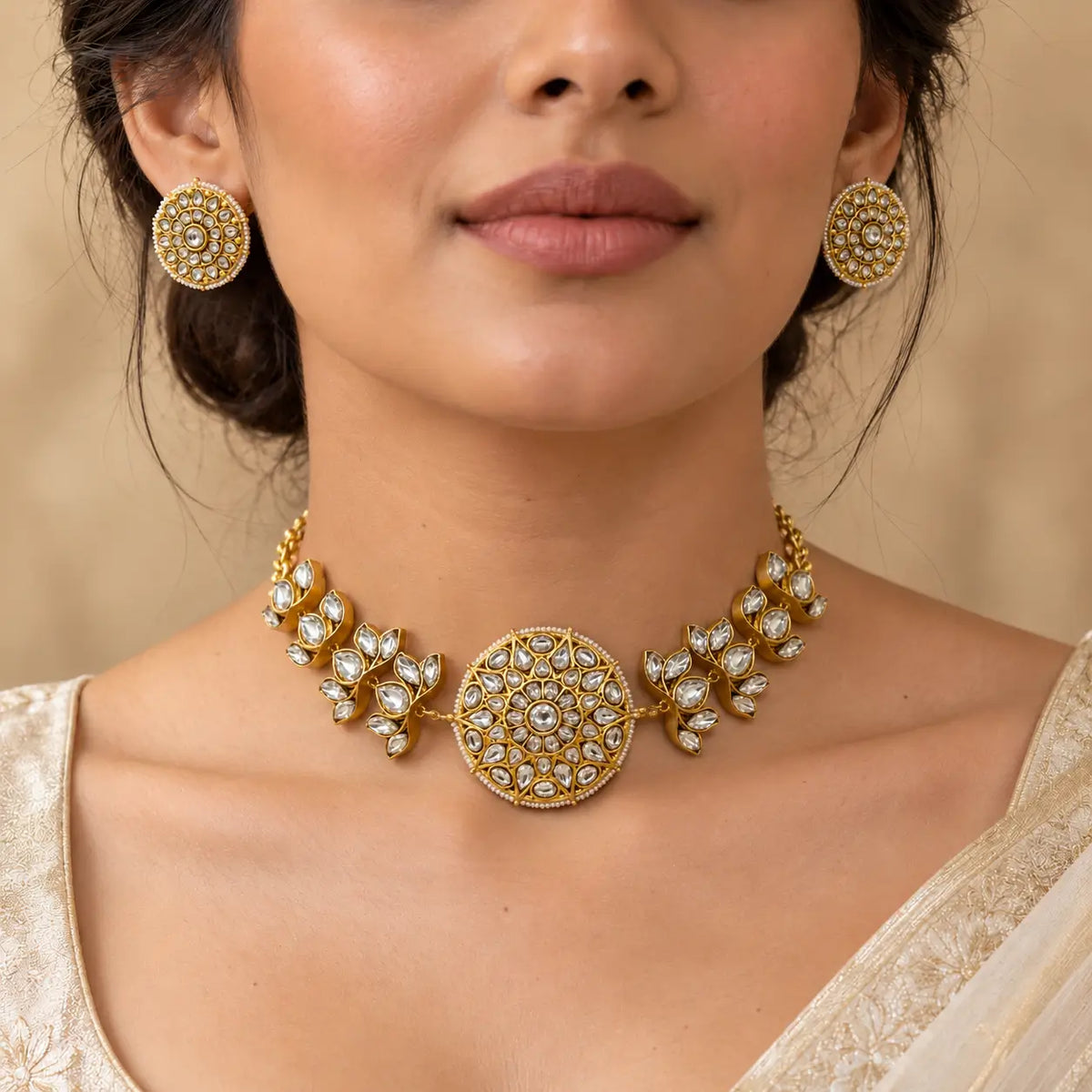 Miraya Gold Polki Choker Necklace & Studs Set