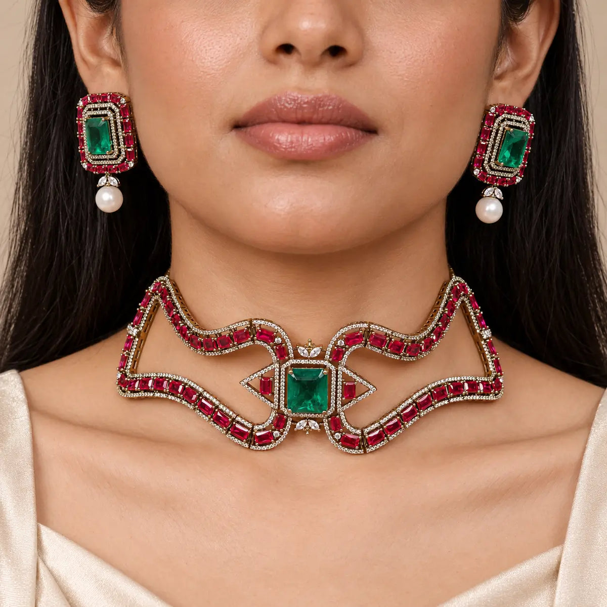 Ruvisha Ruby Pink & Emerald Green Geometric CZ Choker Set with Earrings