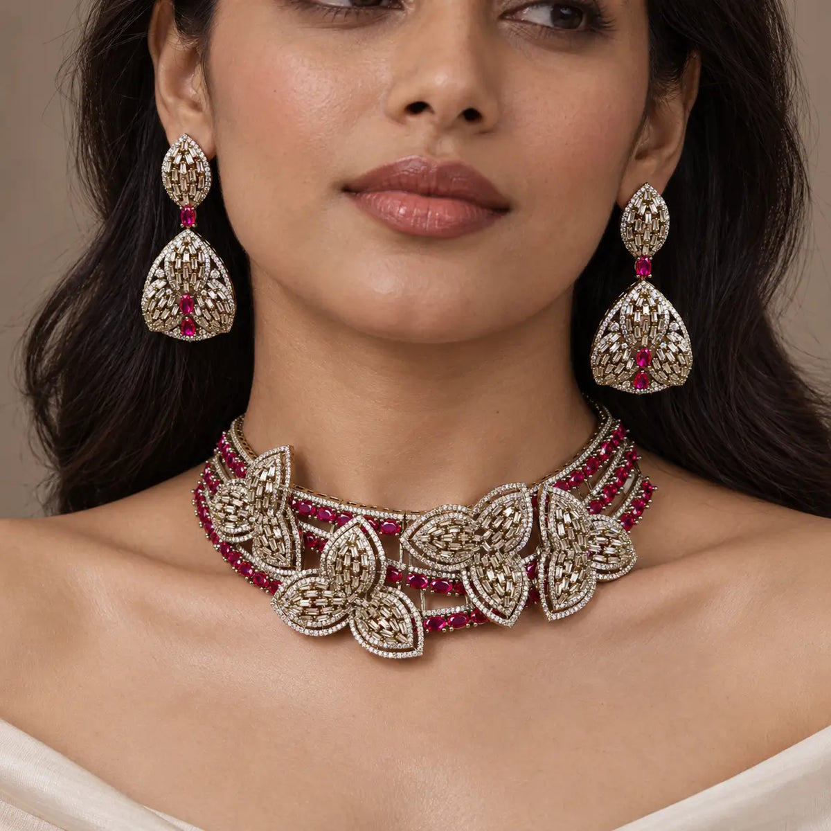 Zayelle Ruby Pink Floral CZ Choker Set with Earrings
