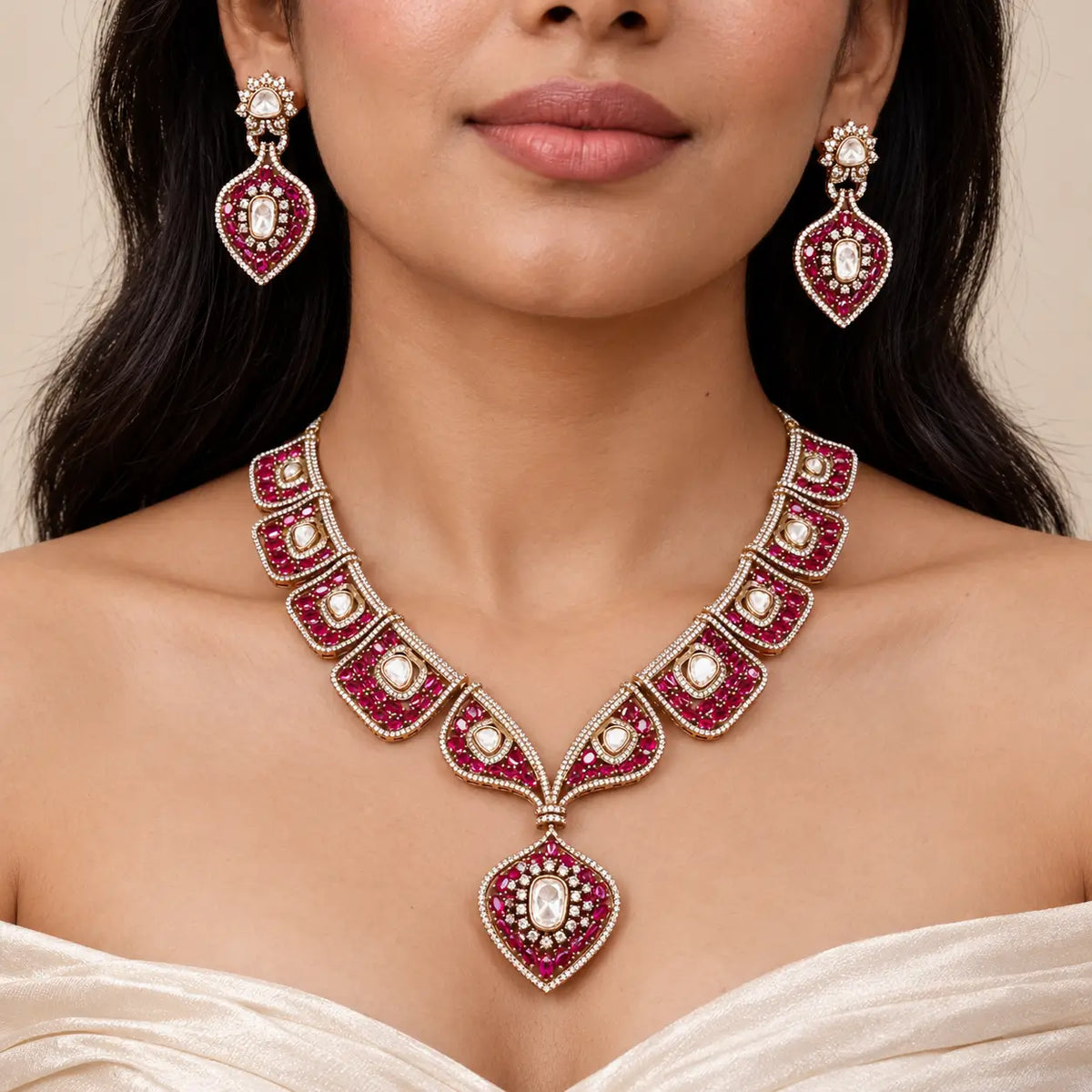 Mehvara Ruby Pink Kundan & Polki-Style Necklace Set with Earrings