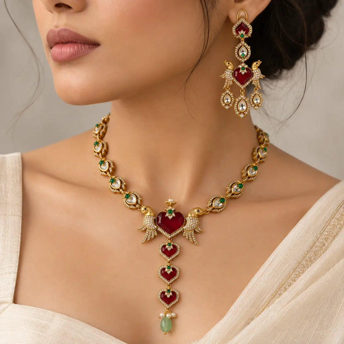 Plasha Ruby Long Necklace with Earrings