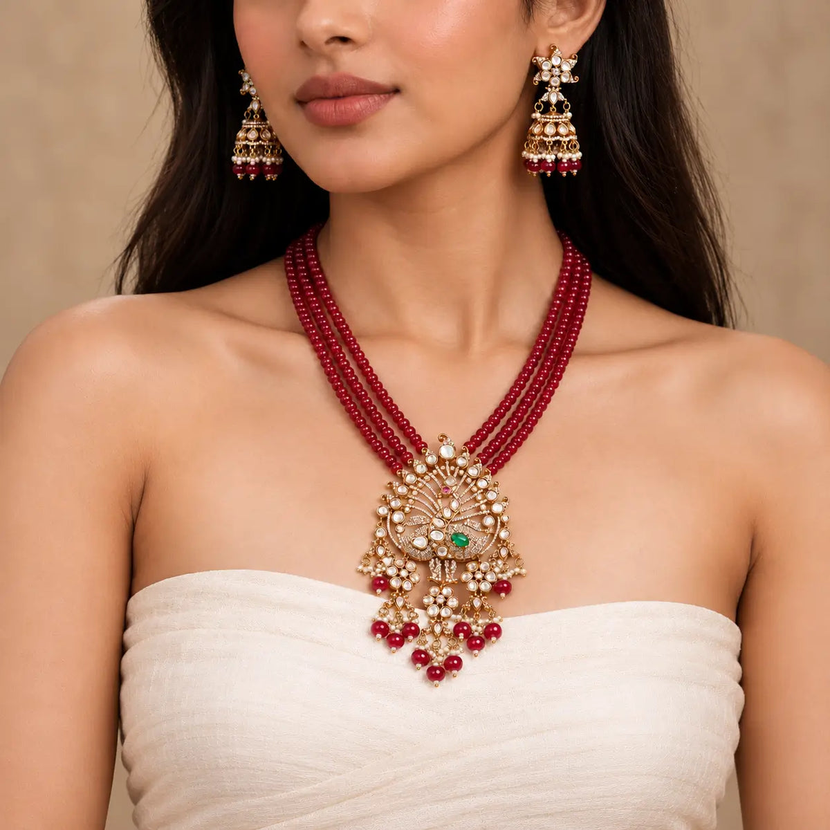 Kavira Ruby Red Kundan Statement Necklace Set with Earrings