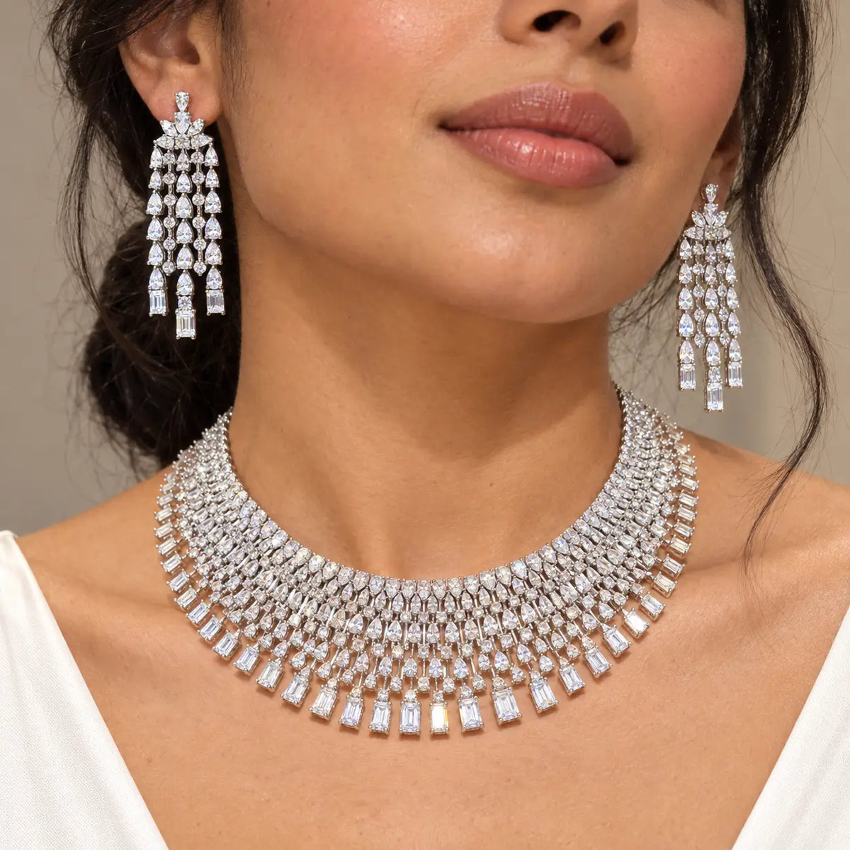 Aurevella Radiance CZ Statement Necklace & Chandelier Earrings Set – Silver