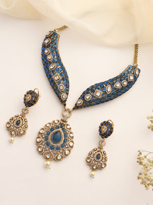 Traditional Indian Jewelry – Blue Moissanite Kundan Polki Choker Necklace Set with Pearl Drops