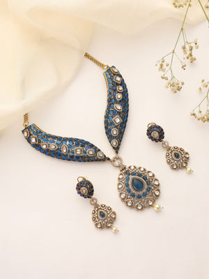 Vamika Blue Moissanite Necklace with Earrings – Indian Jewelry Set with Kundan and Polki Stones