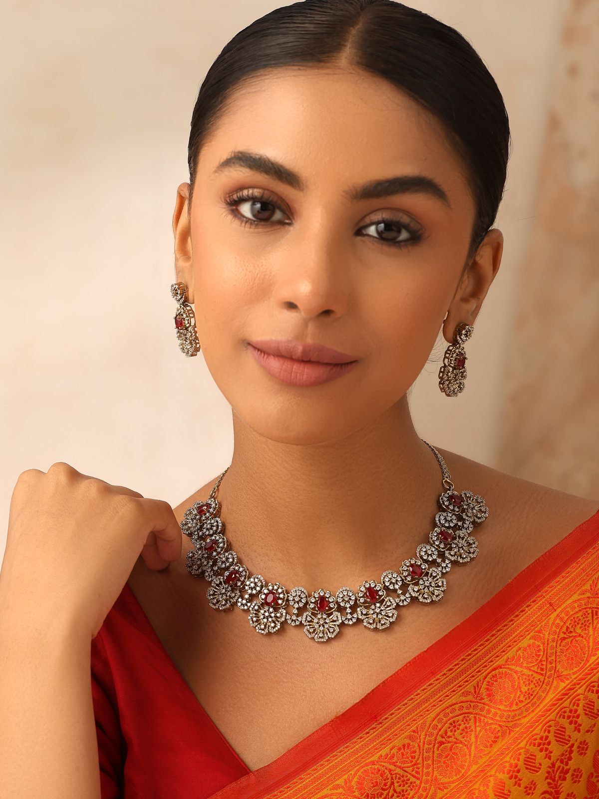 Aarvi Red Kundan Floral Necklace Set in Antique Polish with Earrings