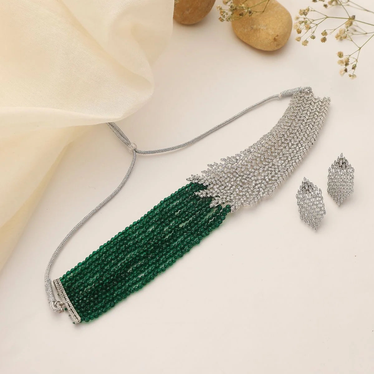 Emerald Cascade CZ Choker Necklace with Earrings – Statement Green & Diamond Finish Set