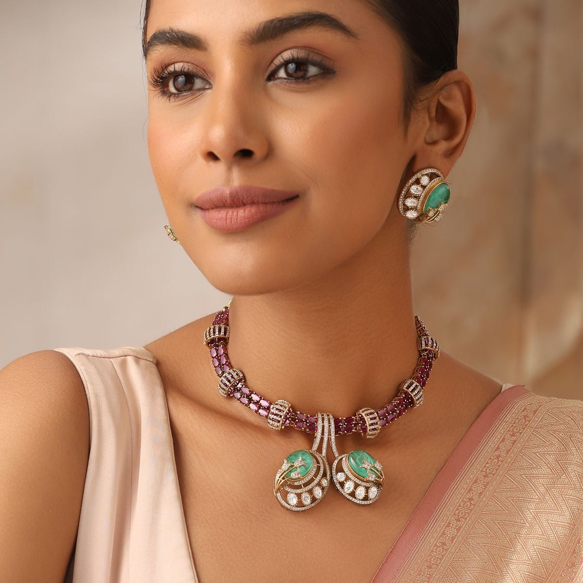 Gulbahar Mint Ruby Polki Necklace Set with Earrings