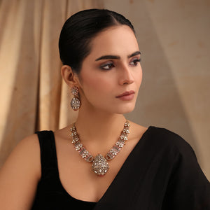 Rajvansh Pink Polki Necklace Set – Model Wearing Necklace and Earrings