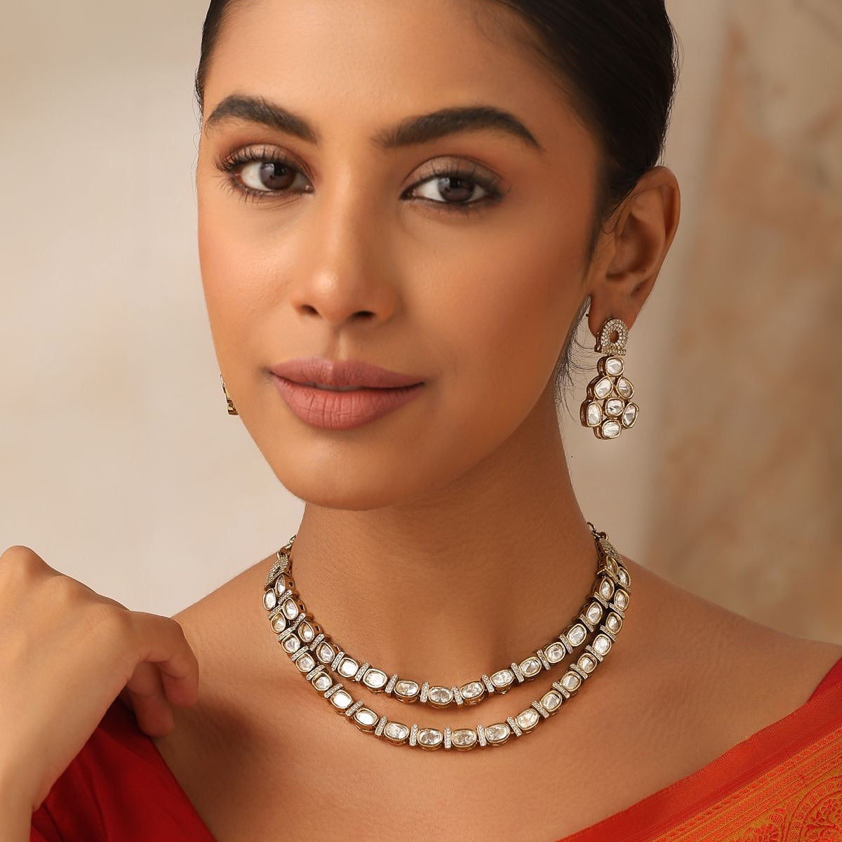 Nayab Kundan Polki Choker Necklace Set with Earrings