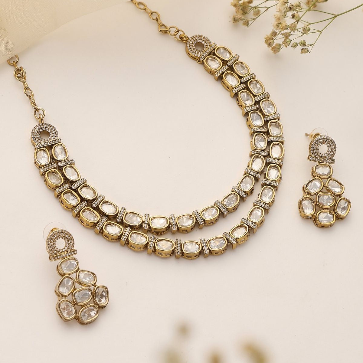 Nayab Kundan Polki Choker Necklace Set with Earrings