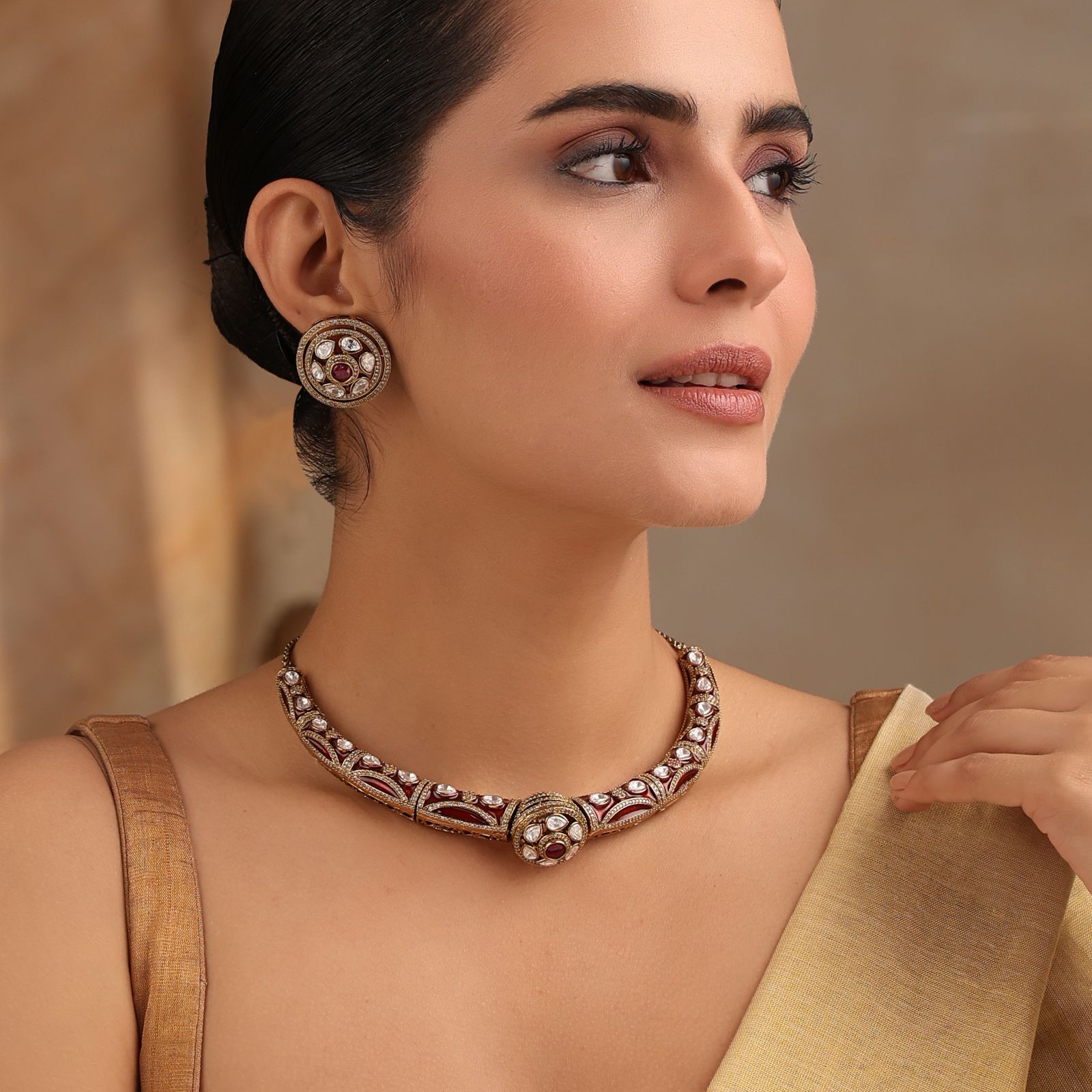 Rudra Maroon Kundan Hasli Set in Antique Finish with Earrings