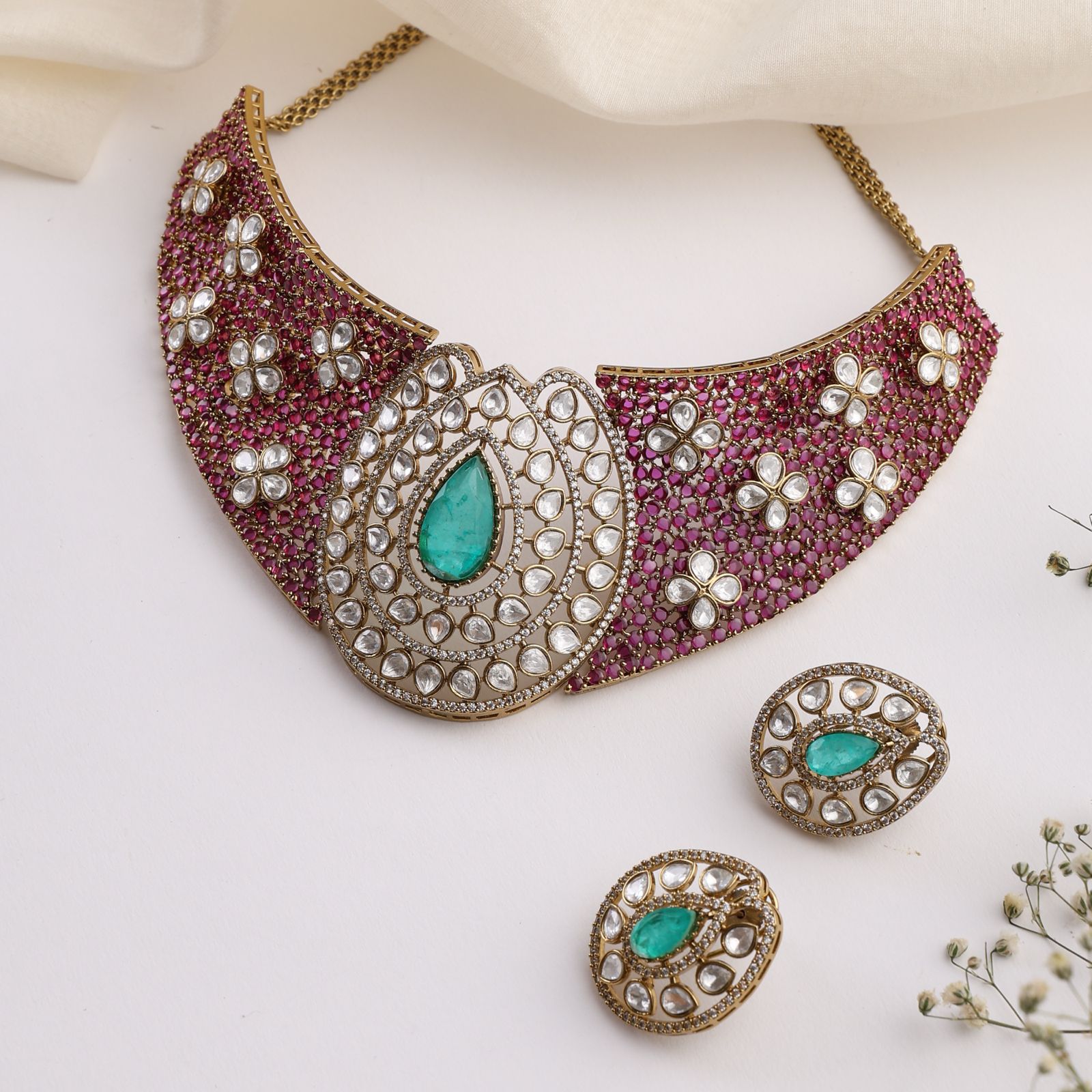 Noorani Ruby Mint Choker in Antique Finish with Earrings