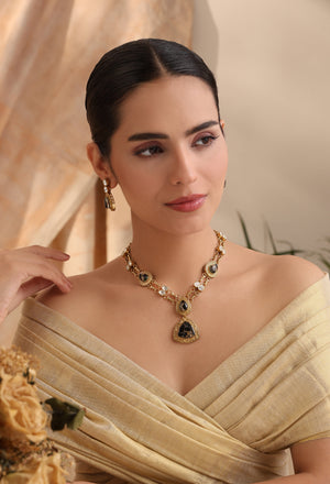 Aarini Black Stone Kundan Necklace Set | Antique Gold Finish with Earrings
