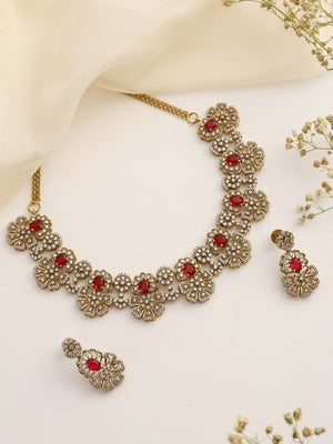 Aarvi Red Kundan Floral Necklace Set in Antique Polish with Earrings