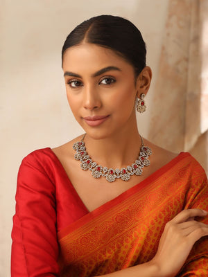 Aarvi Red Kundan Floral Necklace Set in Antique Polish with Earrings