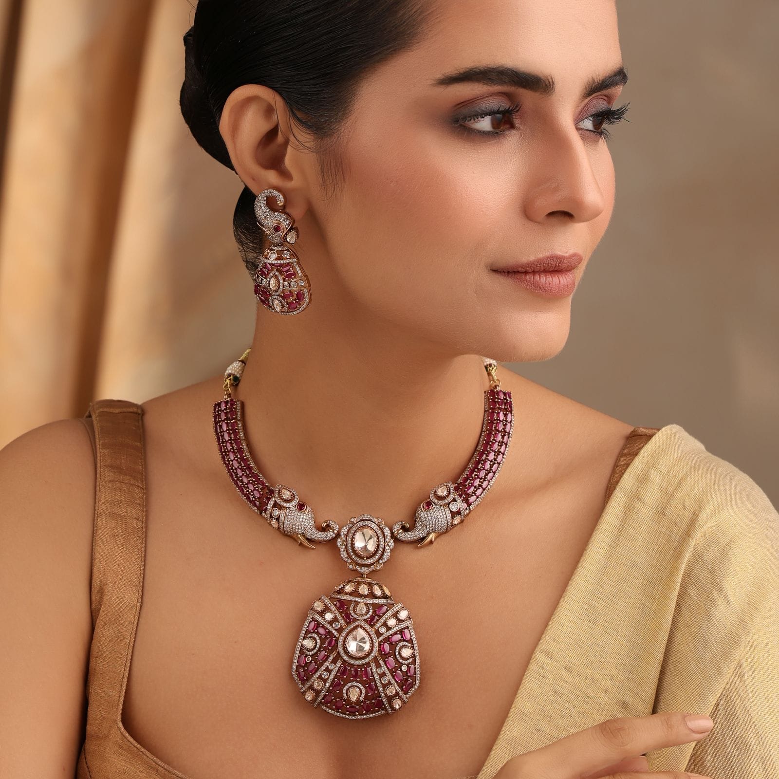 Aishwarya Ruby Polki Heritage Necklace Set with Earrings