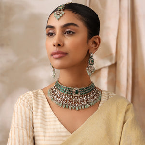 Alira Green Kundan Choker Set with Earrings & Maang Tikka