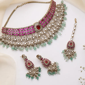 Alira Ruby Mint Kundan Choker Set with Earrings & Maang Tikka