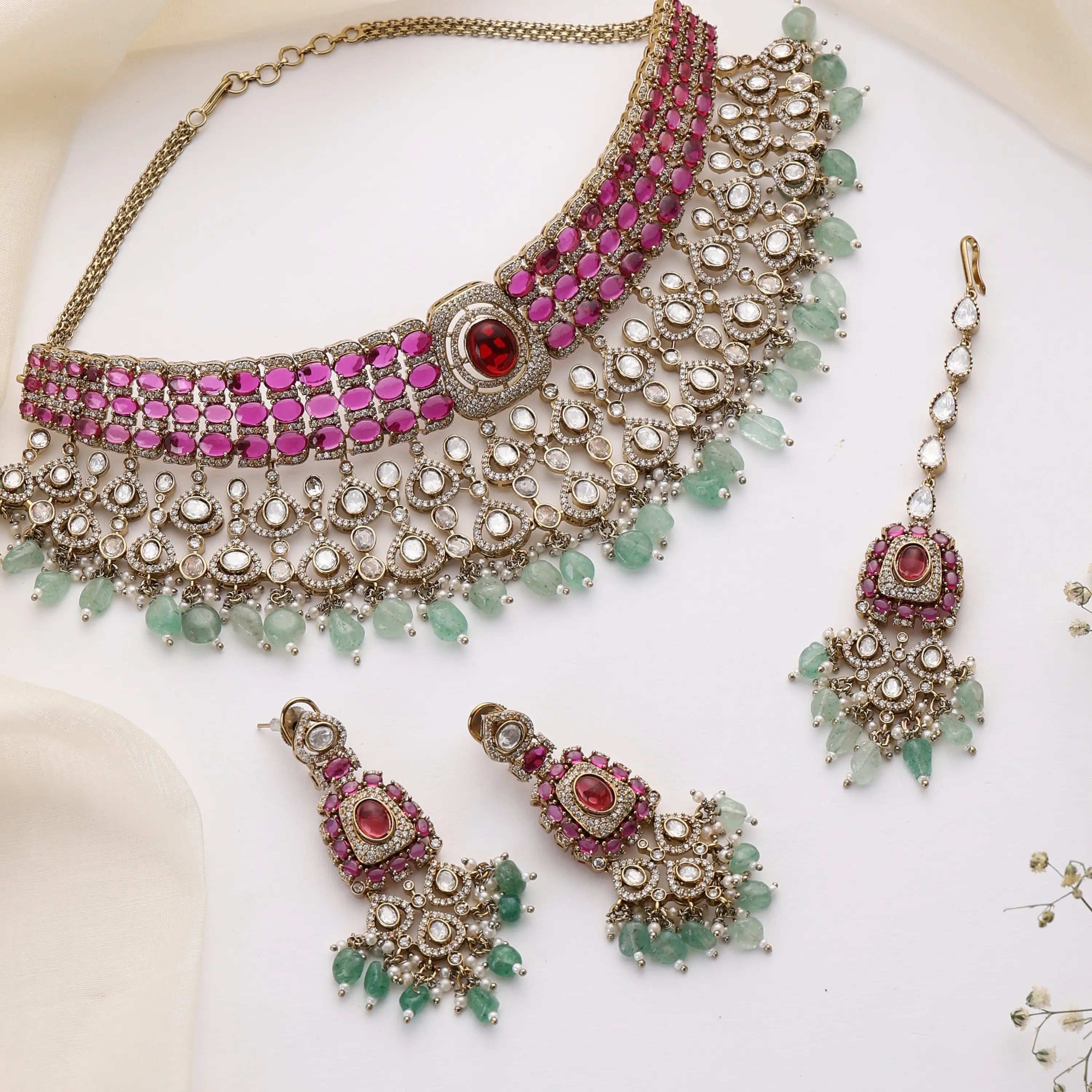 Alira Ruby Mint Kundan Choker Set with Earrings & Maang Tikka