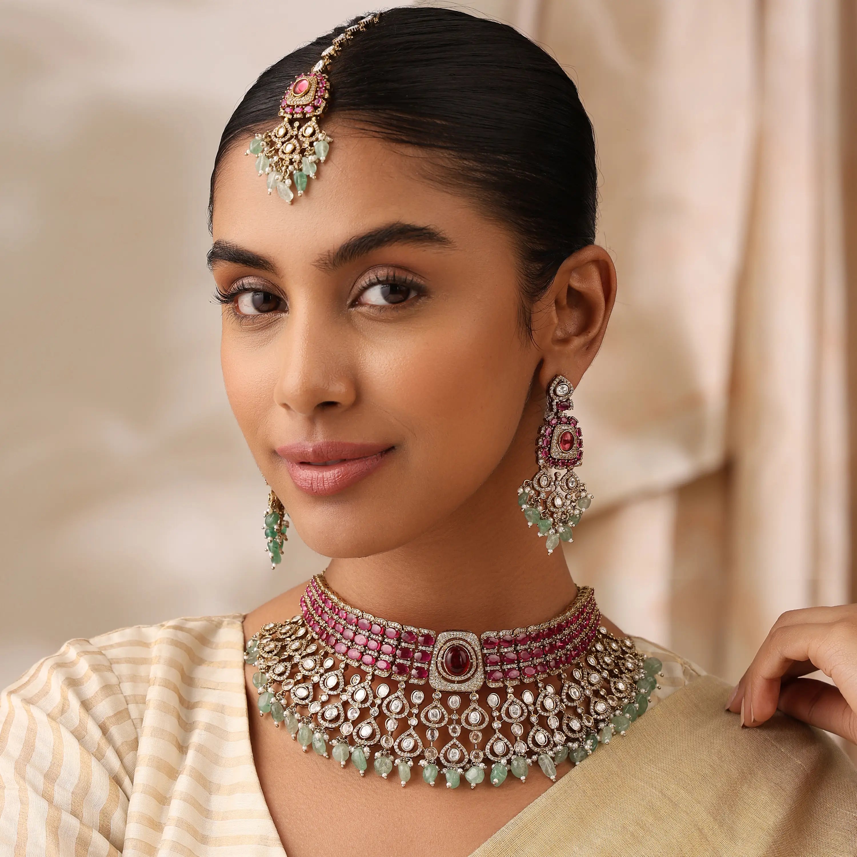 Alira Ruby Mint Kundan Choker Set with Earrings & Maang Tikka