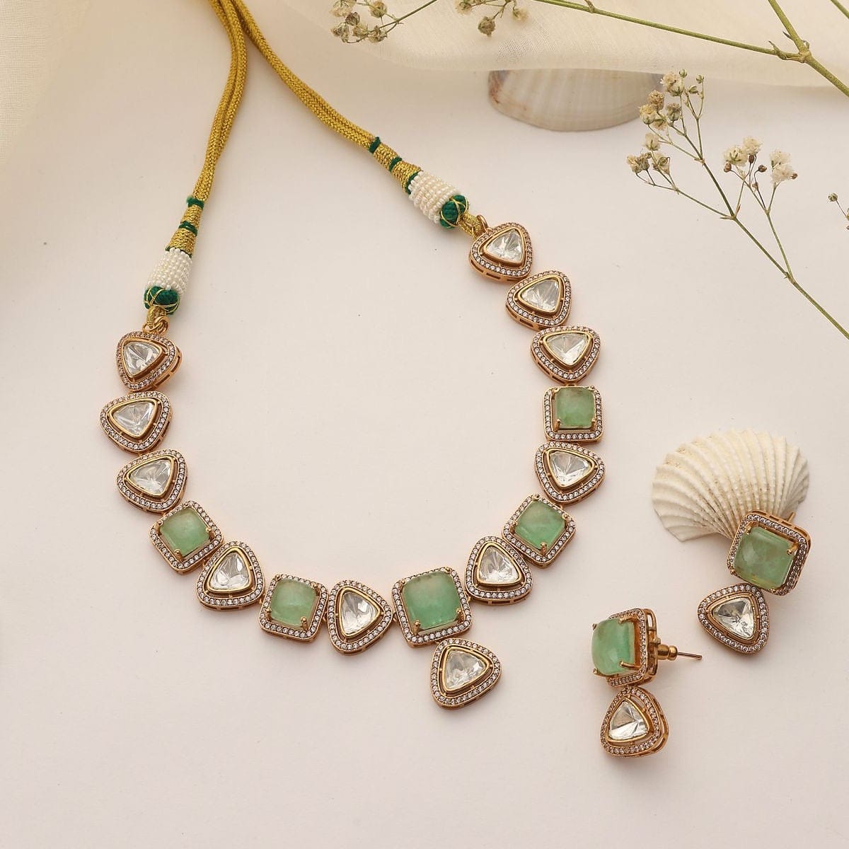 Amaira Mint Uncut Polki Choker Necklace Set with Earrings