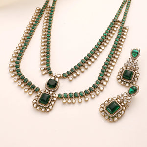 Anita Long Emerald Kundan Layered Necklace Set with Earrings