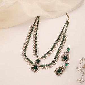 Anita Long Emerald Kundan Layered Necklace Set with Earrings