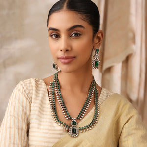 Anita Long Emerald Kundan Layered Necklace Set with Earrings