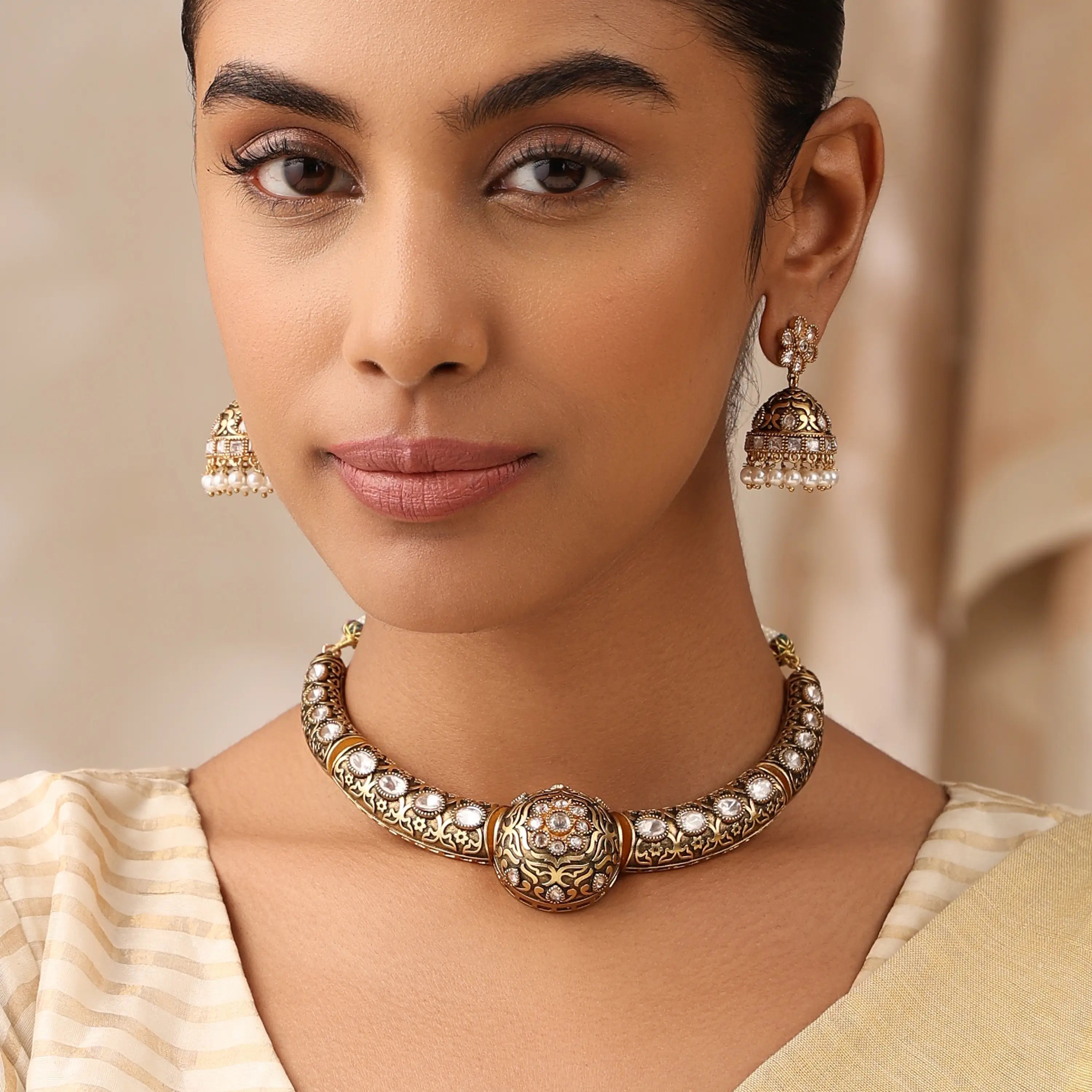 Antique Gold Mosonite Hasli Necklace Set with Matching Jhumkas