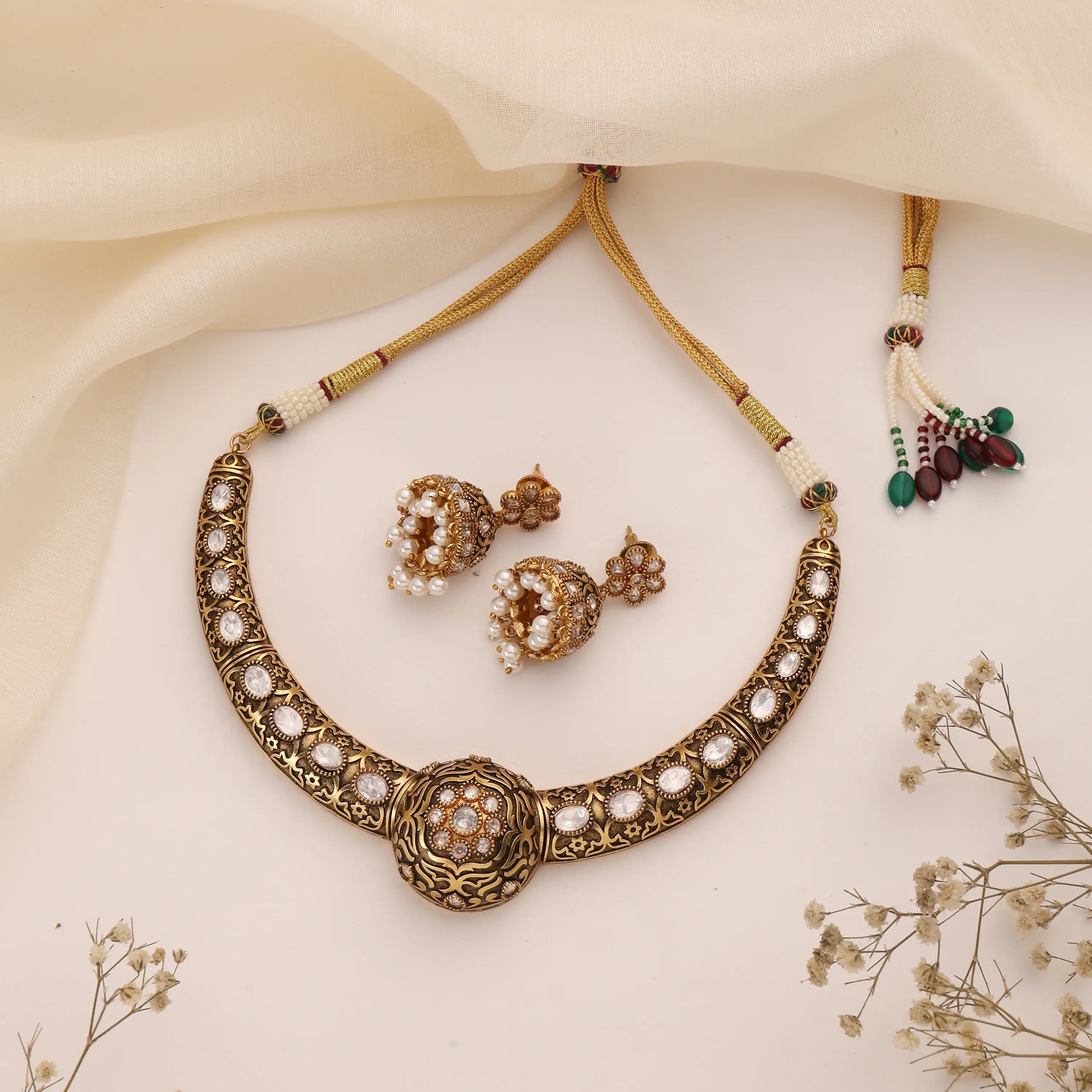 Antique Gold Mosonite Hasli Necklace Set with Matching Jhumkas