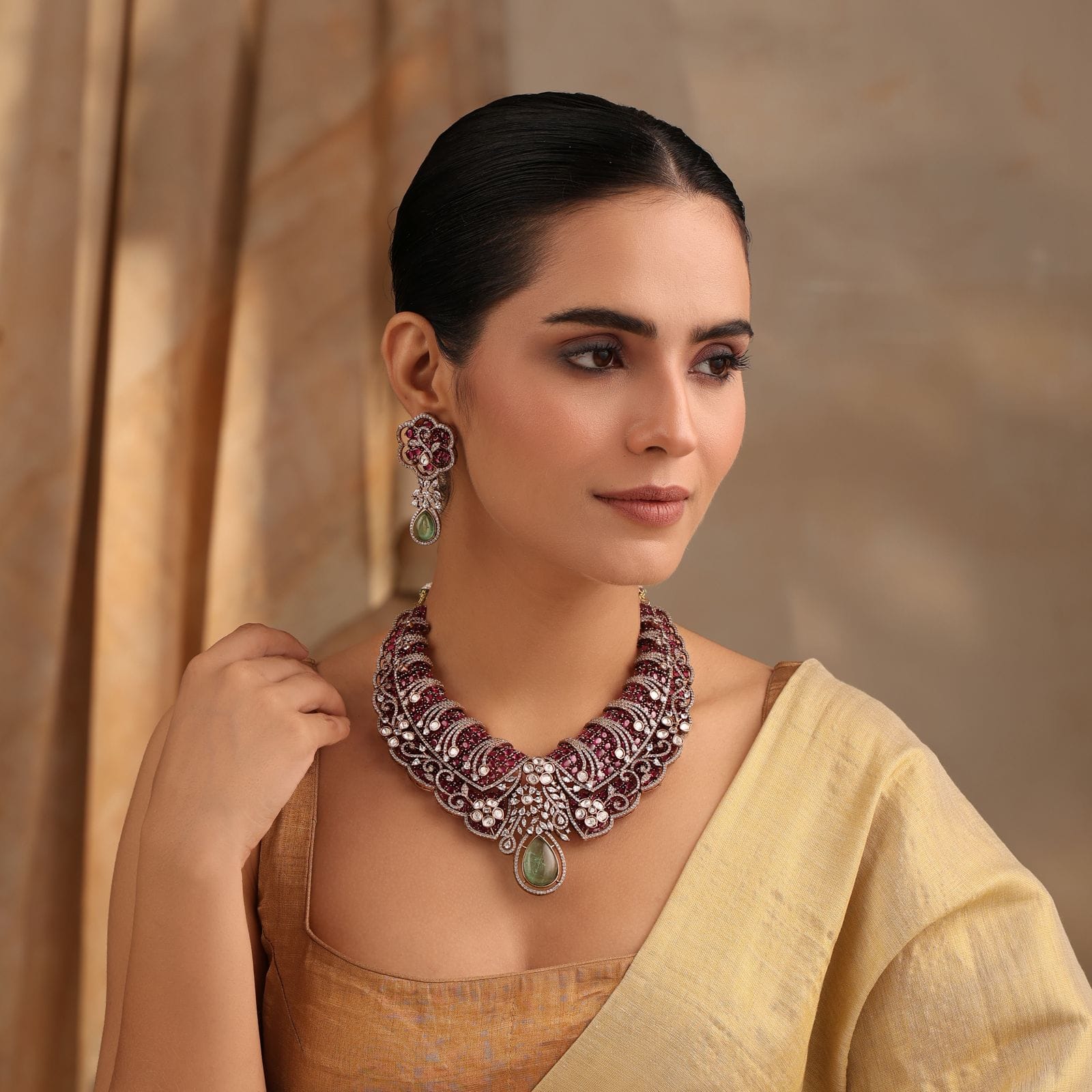 Aveline Ruby-Green Necklace Set with Earrings