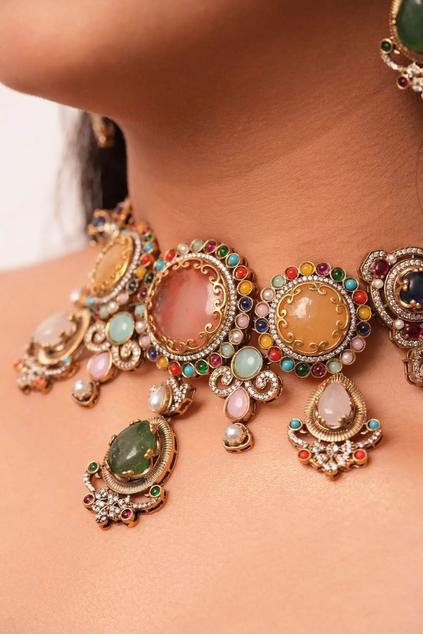 Lila Navratan Choker Set – Antique Gold Multicolor Statement Necklace