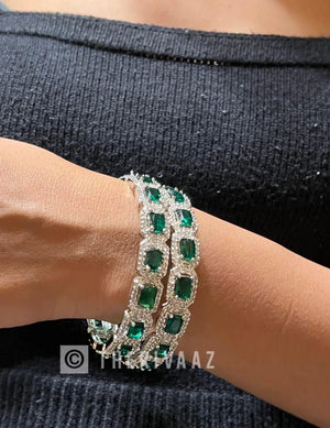 Emerald Diamond Silver Bangle Pair