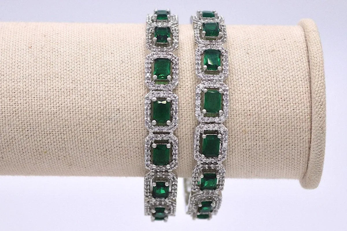 Emerald Diamond Silver Bangle Pair