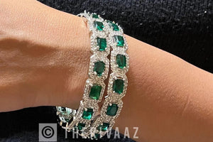 Emerald Diamond Silver Bangle Pair